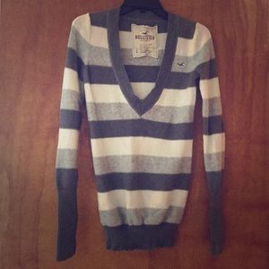 Gray and white Striped V-neck hollister sweater